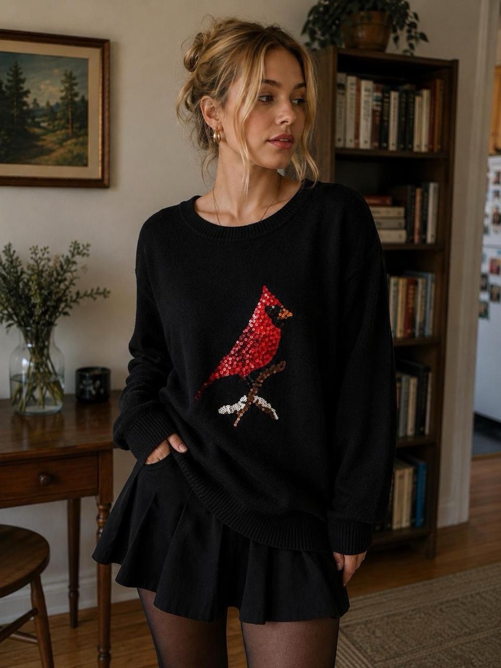 Westport 1962 Cotton Blend Sweater Black Sequin Cardinal Bird Lover Whimsigoth